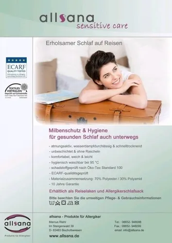 Allsana sensitive care Reiselaken 180x260 cm - Sonstige, schützt Allergiker zuverlässig vor Milbenkot und Allergenen, atmungsaktiv und wasserdampfdurchlässig, waschbar bis 95°C für optimale Betthygiene auf Reisen.