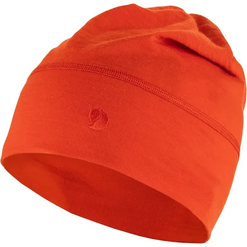 Fjällräven Abisko Lite Wool Beanie - Flame Orange - Mützen aus einer Merino-Polyester-Mischung, die Feuchtigkeit leitet und Gerüche verhindert. Ideal für Outdoor-Aktivitäten und entspannte Sommertage, sitzt sicher unter Helmen.