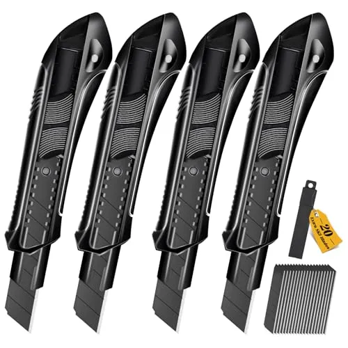 CCLIFE 4 Stück Cuttermesser Set 18mm mit 20 Ersatzklingen Abbrechklingen Kartonmesser Mehrzweck Messer Allzweckmesser Teppichmesser mit Sicherheitslock, schwarz