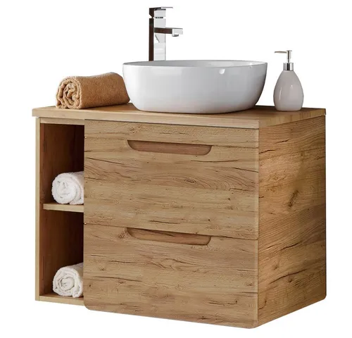 Lomadox Waschtisch-Unterschrank Set - Wotan Eiche Nb. mit Keramik-Waschbecken - Stylischer Badezimmer Unterschrank aus Wotan Eiche mit 2 Softclose-Schubkästen und praktischem Regal. Hochwertige Verarbeitung und modernes Design für Ihr Bad.