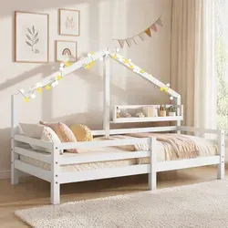 Kinder Hausbett Skandinavisch 90x200 Cm Aus Kiefer Weiß Mit Regalrückwand, Schutzzaun Und Lattenrost