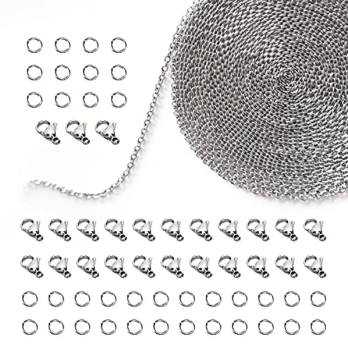 TEEUCNY Edelstahl Link Kette Halsketten, 12M Kettenglieder für die Schmuckherstellung, 25 Karabiner Verschlüsse und 60 Sprung Ringe für Schmuck Herstellung für DIY Armbänder und Kunsthandwerk 2.4MM