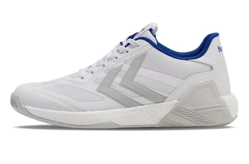 hummel Hallen-Indoorschuhe Algiz IV - Weiße & Graue Badmintonschuhe für Herren, Größe 45 - Badmintonschuhe Herren mit atmungsaktivem Mesh-Obermaterial und EVA-Zwischensohlendämpfung für optimalen Komfort und Stabilität beim Spiel.