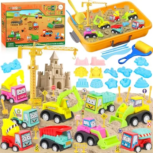POWZOO Zaubersand Sand Set,1000g Magic Sand,DIY Spielsand Sandbox,mit 9 Rennautos,20 Straßenschilder,Werkzeuge,Burg,Kran,Kreativspielzeug für Kinder ab 3 Jahre.