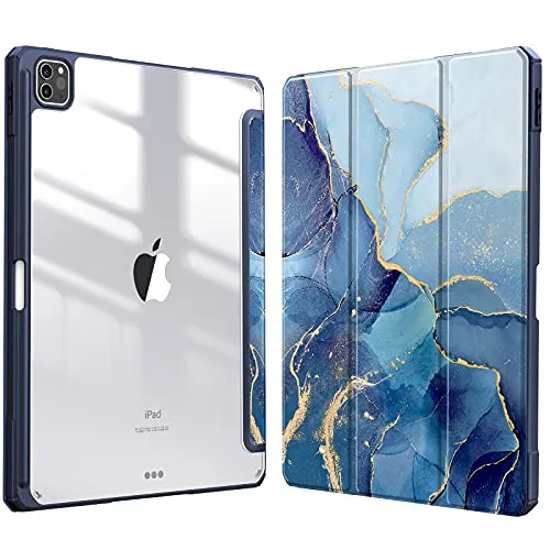 FINTIE Hybrid Hülle für iPad Pro 12.9 2022 (6. Generation)/ iPad Pro 12.9 2021/2020/2018 mit Stifthalter - Stoßfeste Schutzhülle mit transparenter Hartschale auf der Rückseite, Ozean Marmor