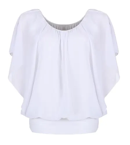 simaranda Damen Bluse Chiffon luftige Sommer Tunika mit Carmen Ausschnitt Blusenshirt Elegant 661 36-40 Weiß