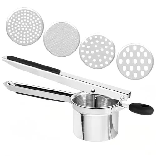Edelstahl Kartoffelpresse mit 4 Einsätzen – Robuste & Ergonomische Kartoffelpresse – Leicht zu Reinigen, Ideal für Kartoffelpüree, Gemüse & Babynahrung