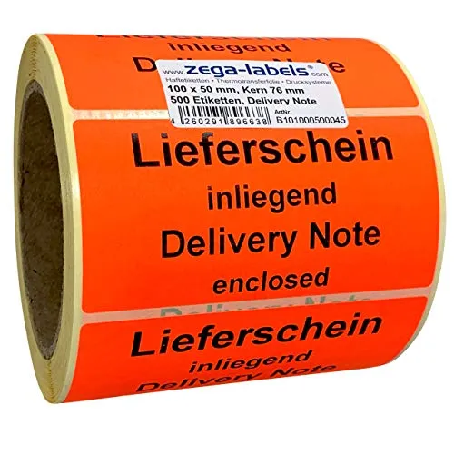 Warnetiketten auf Rolle - Lieferschein inliegend/Delivery Note enclosed - 500 Stück je Rolle - 100 x 50 mm - Leuchtrot Haftpapier stark haftend - Versandaufkleber rot