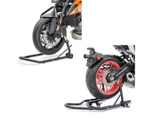 ConStands Motorradheber Set Lenkkopfständer + Rangierhilfe S1 - Praktisches Set mit Lenkkopfständer und Rangierhilfe für sicheres Anheben und Rangieren von Motorrädern. Ideal für die Pflege und Überwinterung, mit höhenverstellbarem Ständer und stabiler Rangierhilfe.