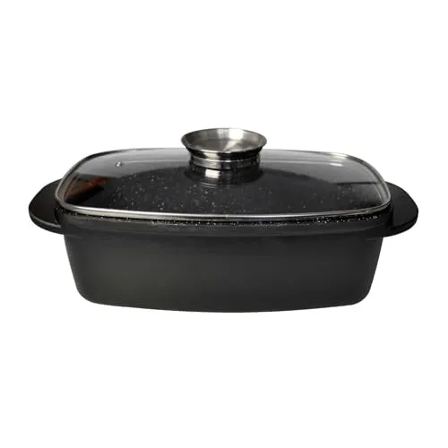 Aluminiumguss Bräter 6 L - Induktionsgeeignet - Pfannen - Hochwertiger 6 L Aluguss Bräter mit Antihaftbeschichtung und Glasdeckel. Perfekt für zarte Braten und Schmorgerichte, gleichmäßige Hitzeverteilung für optimale Ergebnisse.