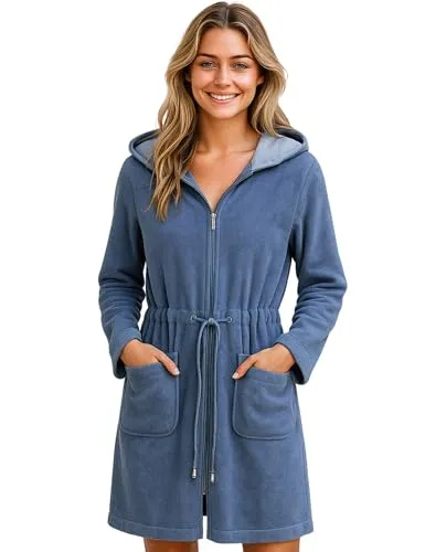 Morgenstern Bademantel Damen mit Reißverschluss und Kapuze - Blau, M - Leichter Kurzbademantel aus Baumwolle, ideal für Wellness und warme Tage. Mit Reißverschluss, zwei Taschen und schadstoffgeprüft, perfekt für Zuhause oder unterwegs.