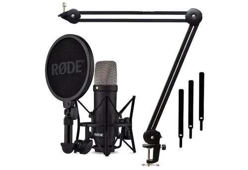 RØDE NT1 Signature Black Mikrofon mit Gelenkarm - Großmembran-Kondensatormikrofon für Gesang und Instrumental-Aufnahmen, extrem niedriges Eigenrauschen von 4 dBA und robustes Vollmetallgehäuse. Inkl. Deluxe-Spinne und XLR-Kabel.