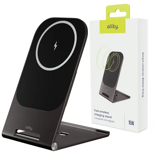 Allity Mag-Safe Wireless Charger AWC-200-15WMS - Kabellose Qi-Ladegeräte, induktive Ladestation mit schnellem 15W Ladegerät und praktischem Handy Ständer für bequemes Laden.