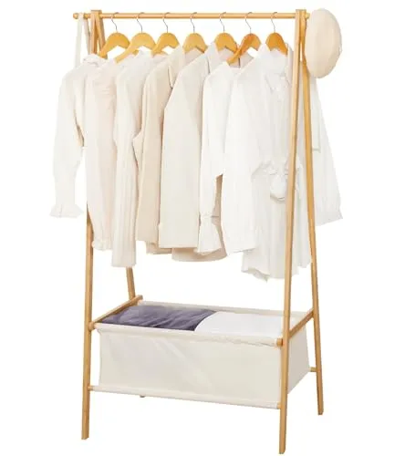 Yorbay Kleiderständer Bambus mit Aufbewahrungsbox - Kleiderständer aus stabilem Bambus, faltbar und raumsparend, ideal für Eingangsbereich und Schlafzimmer. Mit praktischen Haken und großem Oxford-Stoffbeutel für vielseitige Aufbewahrung.