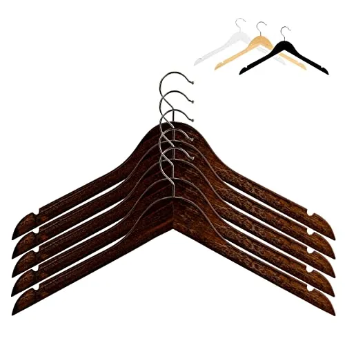 RSR Hangers Kleiderbügel 10 Stück Holz Braun | ohne Steg I Holzkleiderbügel | Hemdenbügel | Blusenbügel | mit Rockkerbe | 360° drehbarer Haken | ver. Farben und Stückzahlen OS1