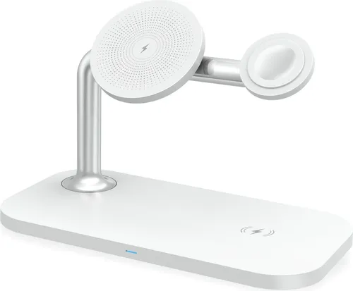 RealPower ChargeAir MAG Ladestation mit MagSafe - Weiß - Kabelloses Qi-Ladegerät für iPhones, AirPods und Apple Watch. Lädt bis zu 3 Geräte gleichzeitig mit bis zu 15 W Leistung und ist perfekt für Zuhause geeignet.