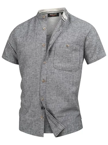 Indicode Herren INHelmer Kurzarm-Hemd mit Stehkragen - Stilvolles Männerhemd in Black L - Herrenhemden: Modernes Kurzarmhemd mit Stehkragen und atmungsaktivem Material für hohen Tragekomfort, ideal für warme Tage.