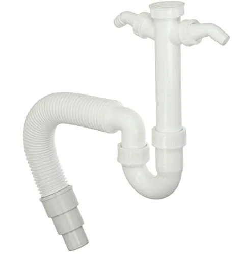 Röhrengeruchsverschluss für Küchenspüle, Waschmaschine und Spülmaschine - Siphon - mit flexiblem Abgang, 90°-Winkel und zwei Geräteanschlüssen (2 GA) - 1,5 Zoll x Ø 40/50 mm - Flexibler Röhrensiphon