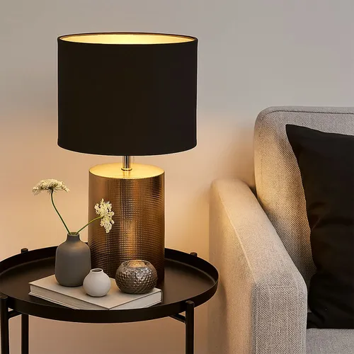 LED Tischlampe Bronze mit Textilschirm, 24x43 cm - Tischleuchte aus edler Keramik und Textil, warmweißes Licht für stimmungsvolle Atmosphäre, ideal für Nachttische oder Wohnzimmer.