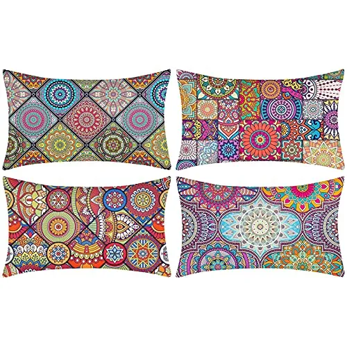 DakTou 4er Set Deko Kissenhülle 30x50cm Boho Mandala Hippie Kissenhülle Ausgefallene Muster Zierkissenbezug Baumwolle Leinen kissenbezüge für Sofa Wohnzimmer Schlafzimmer Auto