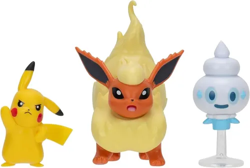 Pokémon PKW3611 - Battle Figure Set mit Pikachu, Gelatini und Flamara - Actionfiguren für Kinder, offizielle Pokémon Figuren mit beweglichen Gliedmaßen für dynamisches Spielen und Sammeln.