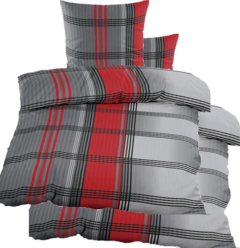 KH-Haushaltshandel 4-TLG. Seersucker Bettwäsche - Bettwäsche-Set in rot, grau und schwarz kariert, bügelfrei und aus pflegeleichter Microfaser, ideal für gemütliche Nächte und unkomplizierte Pflege.