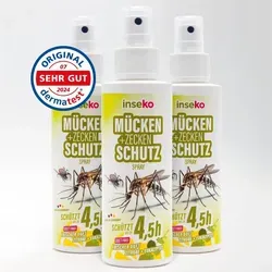 inseko Mücken- und Zeckenschutz Spray 100ml – DEET-frei, Made in Germany - Optimales Insektenschutzmittel für Haut und Kleidung. Frischer Duft nach Zitrone und Eukalyptus sorgt für angenehmen Schutz bei Outdoor-Aktivitäten. Qualität aus Deutschland für zuverlässigen Einsatz.