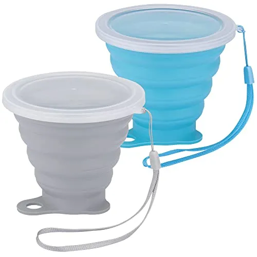 Nanaborn Faltbecher Silikon mit Deckel Wiederverwendbares Faltbarer Becher Outdoor Camping Klappbecher für Wandern/Picknick/Reisen (Grau+Blau)