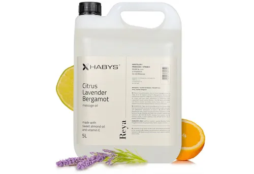 HABYS REYA Citrus, Lavender, Bergamot Massageöl 5L - Massageöl mit energetisierendem Duft von Zitrusfrüchten und Lavendel, angereichert mit Mandelöl und Vitamin E für revitalisierende Massagen und optimale Hautpflege.
