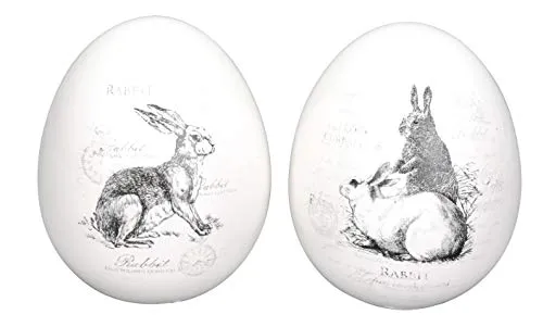 Dio dekoratives frühlingshaftes Deko-Ei Oster-Ei Keramik weiß mit 2 nostalgischen Motiven Preis für 2 Stück
