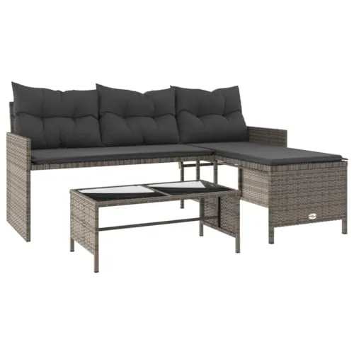 vidaXL Gartensofa in L-Form mit Tisch und Kissen Grau - Gartenmöbel für entspannte Stunden: Bequemes 3-Sitzer-Gartensofa aus langlebigem Poly Rattan mit abnehmbaren Kissenbezügen und eleganter Glasplatte, ideal für Garten und Terrasse.
