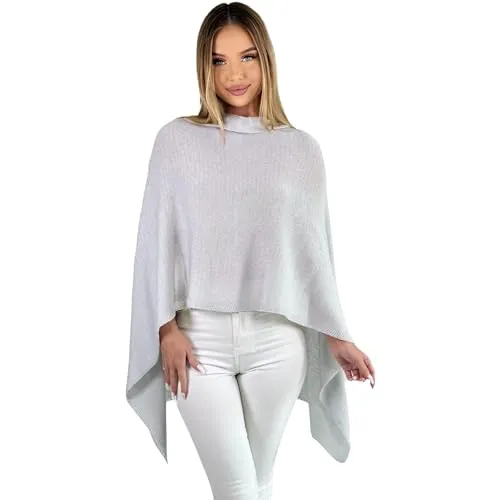 Mississhop 221 Poncho für Damen - Elegantes Cape in Hellgrau - Strickjacken für Damen: Hochwertiger Poncho aus Mischgewebe, ideal für Herbst und Winter, bietet warmen Tragekomfort und vielseitige Kombinationsmöglichkeiten.