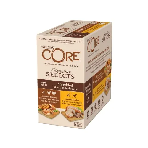 Wellness CORE Signature Selects, Shredded Selection Mix, 8 x 79 g, Premium Nassfutter für ausgewachsene Katzen in Sauce, ohne Zuckerzusatz, getreidefrei, mit hohem Fleischanteil