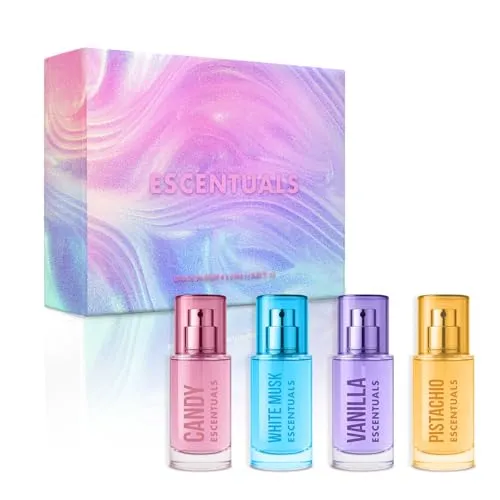 Escentuals Mini Damen Parfum Geschenkset (4 x 25ml) – Weißer Moschus, Süßigkeit, Vanille, Pistazie – Süß, Blumig & Gourmand – Vegan, Tierversuchsfrei & Reisegeeignet – Bis 6 Std. haltbar