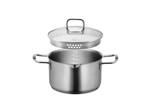 Edelstahl Kochtopf Sanvito Mäser 3L - Hochwertiger Kochtopf aus Edelstahl mit praktischem Ausgießer und Literskala, ideal für Elektro-, Gas- und Induktionsherde. Beobachten Sie den Kochprozess durch den robusten Glasdeckel.