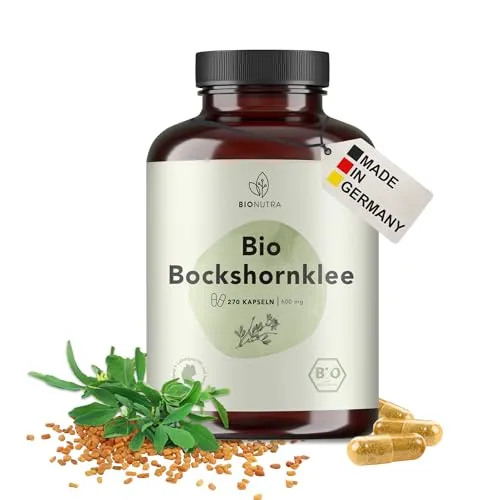 BIONUTRA© Bio Bockshornklee Kapseln, 270 Stück à 600 mg hochdosiert, vegan & ohne Zusätze, Rückstandskontrolliert, Deutsche Herstellung aus Bockshornklee Bio Samenulver