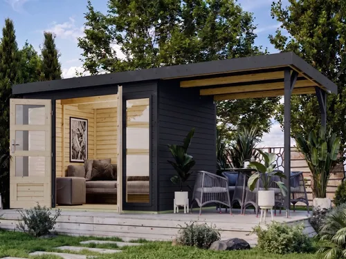 Karibu Gartenhaus Hybridgartenhaus Hera 4 19 mm anthrazit mit Anbaudach - Praktisches Gartenhaus mit Anbaudach, ideal für zusätzlichen Stauraum oder geschützte Bereiche. Das Steck- und Schraubsystem ermöglicht einen schnellen Aufbau. Langlebiges Fichtenholz und elegante Optik in Anthrazit.