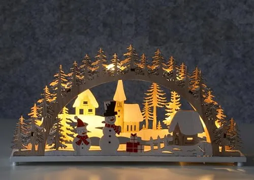 mucHome LED Holz Schwibbogen, 30x15cm Winterdorf Design, Warmweiß Beleuchteter Lichtbogen mit 8 LEDs, An/Aus-Schalter, Weihnachtsdekoration für Fensterbrett Lichtdekoration Weihnachten Deko