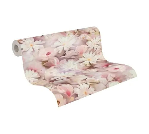 A.S. Création PrintWalls Vliestapete mit Blumen-Motiv 0,53 x 10,05 m - Blumentapete in Weiß Rosa - Tapete Landhausstil Floral Made in Germany -387222