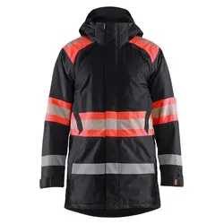 Blakläder High Vis Winterparka 4485 - Schwarz/High Vis Rot - XXL - Robuster Winterparka mit gestepptem Futter für optimale Wärme. Wind- und wasserdicht mit abnehmbarer Kapuze. Verstellbare Taille und praktische Reißverschlüsse für einfachen Zugang zu Innentaschen.