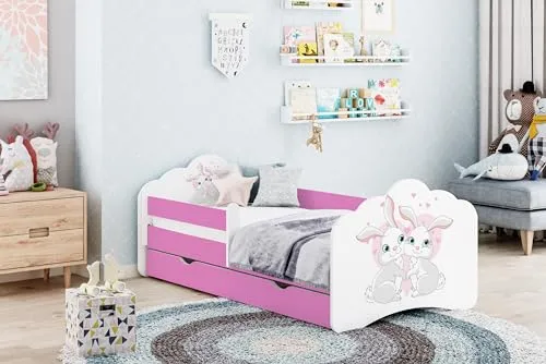 Happy Babies MOBI - Kinderbett 160 x 80|Kinderbett mit Rausfallschutz & Bettkasten|Jugendbett mit farbigem Aufkleber|Kinderbett mit Matratze 80x160|Kinder-Bett für Mädchen & Jungen (M19), 600402MO15