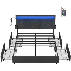 VASAGLE Polsterbett mit LED, Ladestation und 4 Schubladen - Polsterbett 140 x 200 cm mit verstellbarem Kopfteil, integrierten Ladeanschlüssen und LED-Beleuchtung für eine stimmungsvolle Atmosphäre und praktischen Stauraum.