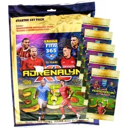 Panini FIFA 365 Karten 2025 - Starter Set + 5 Booster Packs - Sammelkarten-Kollektion FIFA 365 Adrenalyn XL 2025 mit 1 Starter Set (Sammelmappe + 2 Booster + 1 Sonderkarte) und 5 Booster Packs (30 Karten). Entdecke die Stars des Weltfußballs und exklusive Golden Baller Cards!