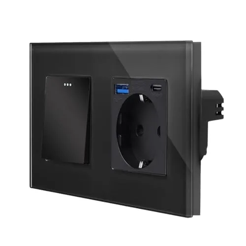 Luxus-Time Wippschalter Steckdose USB-A/C Schuko Einbau UP 20W Schnellladefunktion Wechsellichtschalter Mehrfachstecker 2-fach (Glasrahmen Lichtschalter mit USB-A/C Steckdose, Schwarz)