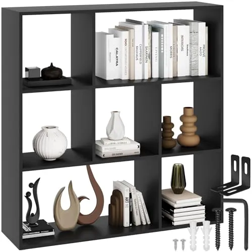 tectake® Bücherregal Raumteiler schwarz - Würfelregal mit 7 offenen Fächern für kreative Gestaltung, ideal als Raumteiler in Wohnzimmer, Kinderzimmer oder Büro. Mit Kippschutz für Sicherheit und Bodenschonern für optimale Standfestigkeit.
