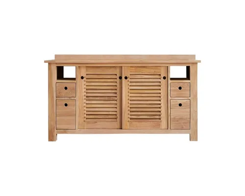 Tikamoon Waschtisch Badunterschrank aus Teak 145 cm Coline - Eleganter Waschtisch aus massivem Teakholz für 2 Waschbecken. Bietet viel Stauraum mit Schubladen und Nischen, ideal für eine individuelle Gestaltung im Badezimmer.