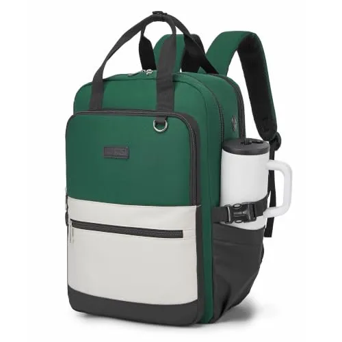 KONO Laptop Rucksack Damen Herren 15,6 Zoll Schulrucksack Grün/Beige | 2 in 1 Tagesrucksack mit Laptopfach & Anti-Diebstahl-Fach, Trolleygurt, viel Stauraum, nur 0,69 kg – für Uni, Büro, Reise