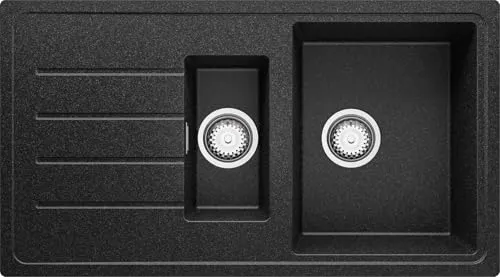 PRIMAGRAN Spülbecken Anthrazit 90x50cm, Granitspüle 1,5 Becken + Ablauf-Set, Küchenspüle ab 60er Unterschrank - Kopenhagen Duo S003