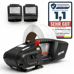 DeTec DT-UM19s Akku-Umreifungsgerät mit 2 Akkus & PP Umreifungsband 12mm - Das DeTec DT-UM19s ist ein kabelloses Umreifungsgerät für effizientes Verpacken in Logistik und Industrie. Mit einstellbarer Spannkraft und einem stabilen Friktionsverschluss sorgt es für sichere Verbindungen von Kartons und Paletten.