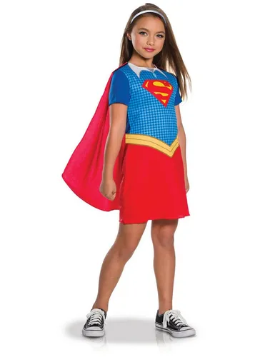 Rubies DC Super Hero Girls – Klassisches Supergirl-Kostüm Größe L - Offizielles Supergirl-Kostüm in Größe L für Kinder (7-8 Jahre). Mit blauem Overall, rotem Umhang und Supergirl-Logo – ideal für Kostümpartys und Rollenspiele!